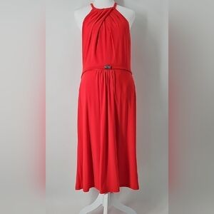 Ralph Lauren‎ Twisted Halter Neckline Flowy Dress Vibrant Red Belted w Crystal